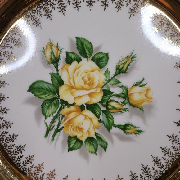Georgian China 22 Kt Gold Yellow Roses Round Decorative Plate - Picture 2 of 4